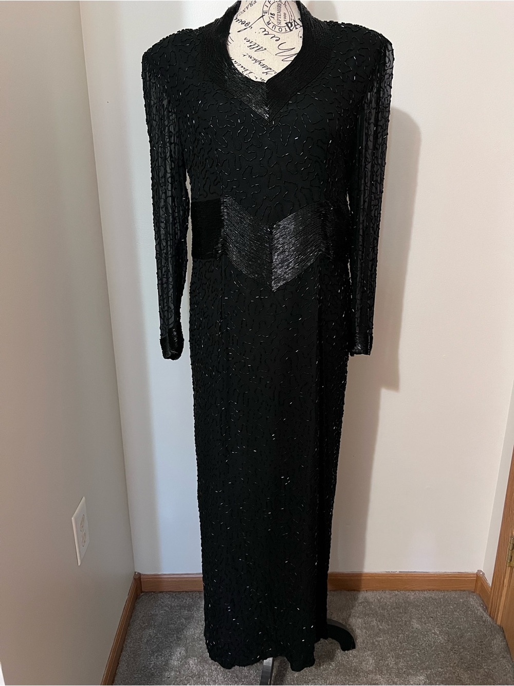 VTG Tan-Chho Silk Beaded Gown L 1980s Chevron Maxi Dress Sheer Sleeve
